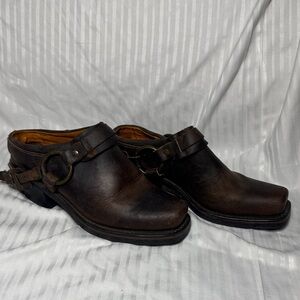 Frye Brown Leather Harness Mules